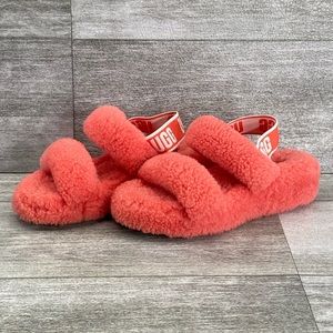 UGG Oh Yeah Slides Womens 6 Pink Coral Slippers Strap Soft Fuzzy Shoes 1107953